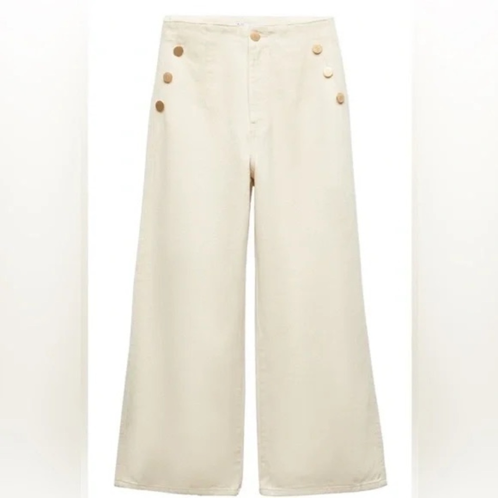 Zara High Rise Sailor Wide Leg Pants Cream Gold Button Size 6